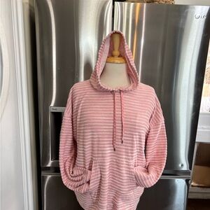 Chaps Women's Pink and White Striped Hoodie Sweater